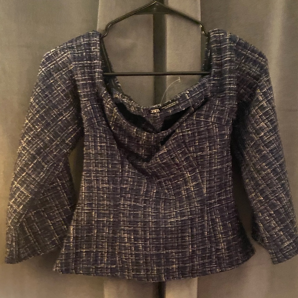 Zara Navy Tweed Long Sleeve Blouse